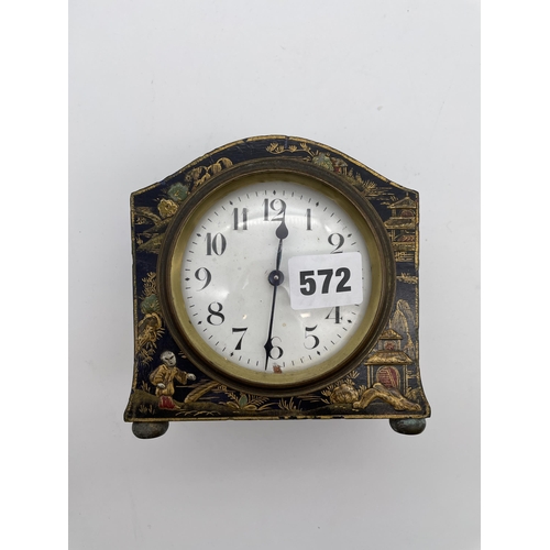 572 - BLACK LAQUERED CHINOISERIE CASED MANTLE TIME PIECE