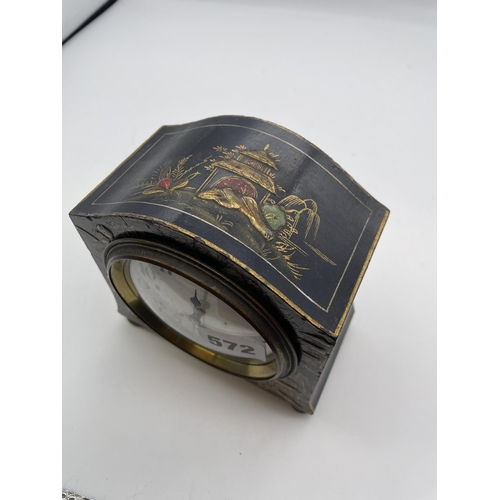 572 - BLACK LAQUERED CHINOISERIE CASED MANTLE TIME PIECE