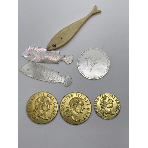 582 - BAG - MOTHER OF PEARL GAMING TOKENS AND REPLICA GUINEA COINS