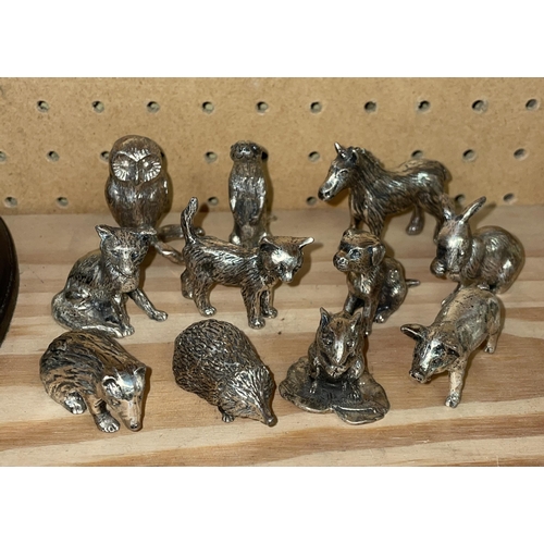 583 - SELECTION OF CAST PLATED ANIMAL FIGURES INCLUDING HEDGEHOG, FOX, OWL, RABBIT, ETC