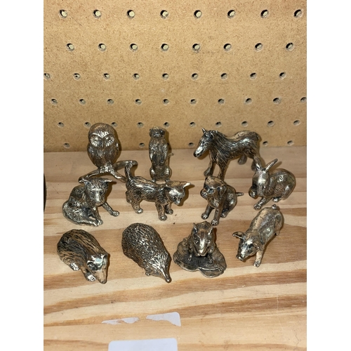 583 - SELECTION OF CAST PLATED ANIMAL FIGURES INCLUDING HEDGEHOG, FOX, OWL, RABBIT, ETC