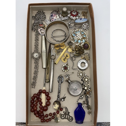 587 - TRAY - MARCASITE BROOCH, COCKTAIL WATCH, PLATED CUFF LINKS, THIMBLE, AND OTHER CUFF LINKS