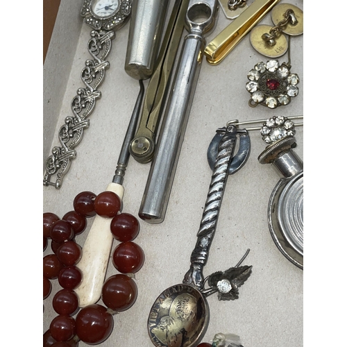 587 - TRAY - MARCASITE BROOCH, COCKTAIL WATCH, PLATED CUFF LINKS, THIMBLE, AND OTHER CUFF LINKS