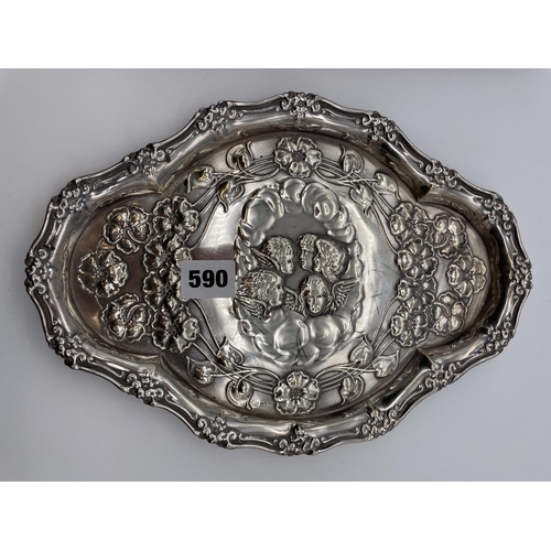 590 - EPNS LOBED CHERUB AND FLORAL DRESSING TABLE TRAY