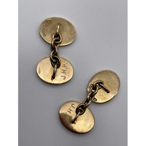 571 - PAIR OF 9CT GOLD ENGINE TURNED OVAL CUFF LINKS 16.4G APPROX