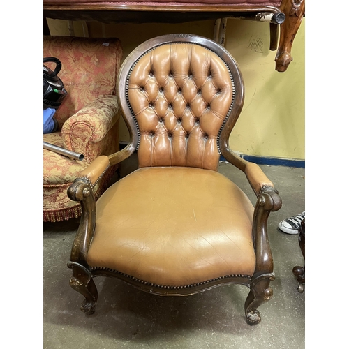 55 - VICTORIAN MAHOGANY TAN LEATHER BUTTON BACK GENTLEMANS ARMCHAIR