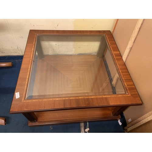 102 - MAHOGANY INLAID GLASS INSET LAMP TABLE height 39cm x width 76cm x depth 76cm approx