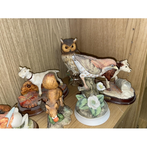 249 - SHELF OF RESIN AND PORCELAIN BIRD FIGURE GROUPS BY WEDGWOOD, COUNTRY ARTISTS AND ALSO A LEAPING TROU... 