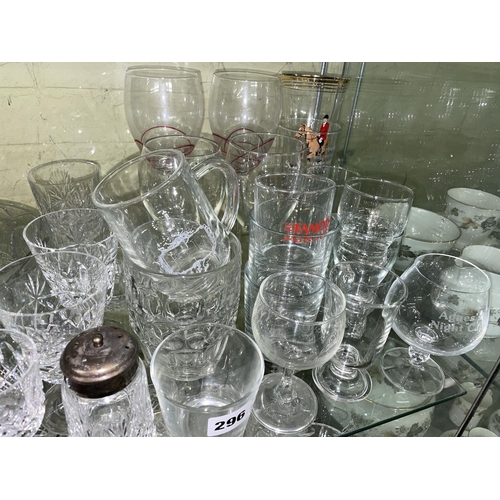 285 - SHELF OF CUT AND PRESSED GLASSWARE, ORNAMENTAL BELLS,AND BASKETS