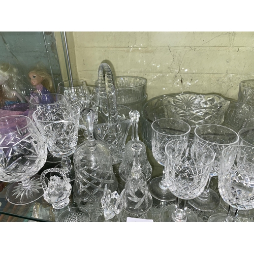 285 - SHELF OF CUT AND PRESSED GLASSWARE, ORNAMENTAL BELLS,AND BASKETS