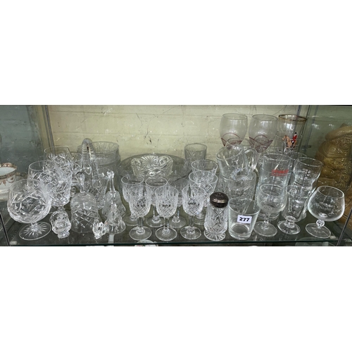 285 - SHELF OF CUT AND PRESSED GLASSWARE, ORNAMENTAL BELLS,AND BASKETS