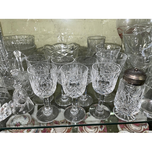 285 - SHELF OF CUT AND PRESSED GLASSWARE, ORNAMENTAL BELLS,AND BASKETS