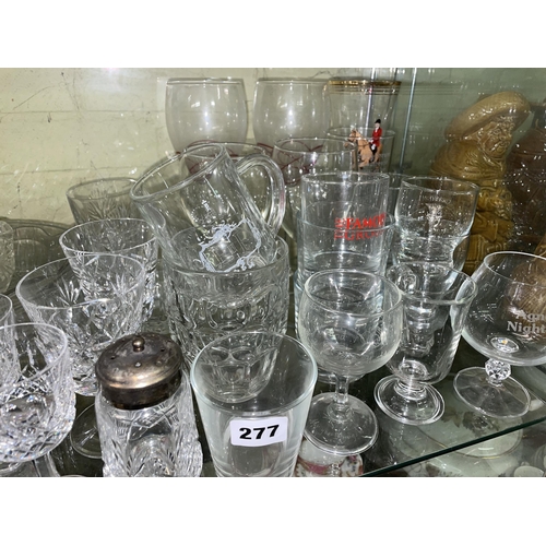 285 - SHELF OF CUT AND PRESSED GLASSWARE, ORNAMENTAL BELLS,AND BASKETS