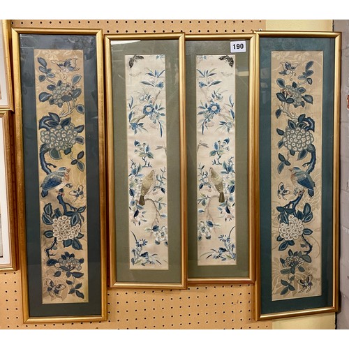 190 - TWO PAIRS OF OBLONG SILK THREAD PANELS OF BIRDS AND BUTTERFLIES AMONGST FOLIAGE F/G