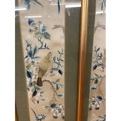 190 - TWO PAIRS OF OBLONG SILK THREAD PANELS OF BIRDS AND BUTTERFLIES AMONGST FOLIAGE F/G