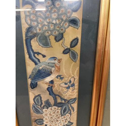 190 - TWO PAIRS OF OBLONG SILK THREAD PANELS OF BIRDS AND BUTTERFLIES AMONGST FOLIAGE F/G