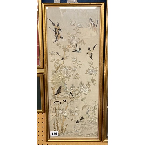 189 - SILK THREADWORKED PANEL OF EXOTIC BIRDS AND BUTTERFLIES F/G