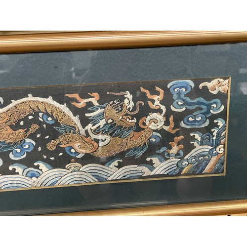 188 - OBLONG GOLD THREAD AND OTHER PANEL OF A DRAGON CHASING A FLAMING PEARL AND A LARGER THREADWORK PANEL... 