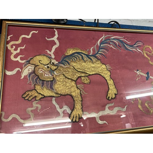 188 - OBLONG GOLD THREAD AND OTHER PANEL OF A DRAGON CHASING A FLAMING PEARL AND A LARGER THREADWORK PANEL... 