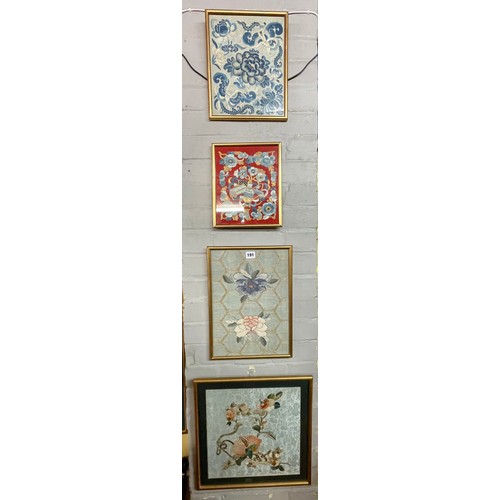 191 - FOUR THREADED SILK WORK PANELS OF FLOWERS AND BUTTERFLIES AND STILL LIFE F/G