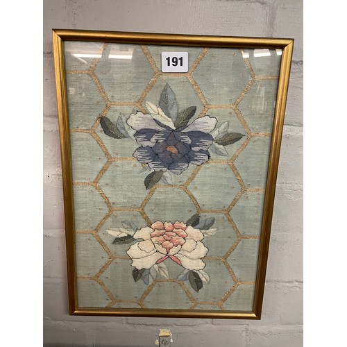 191 - FOUR THREADED SILK WORK PANELS OF FLOWERS AND BUTTERFLIES AND STILL LIFE F/G