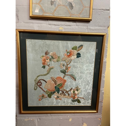 191 - FOUR THREADED SILK WORK PANELS OF FLOWERS AND BUTTERFLIES AND STILL LIFE F/G