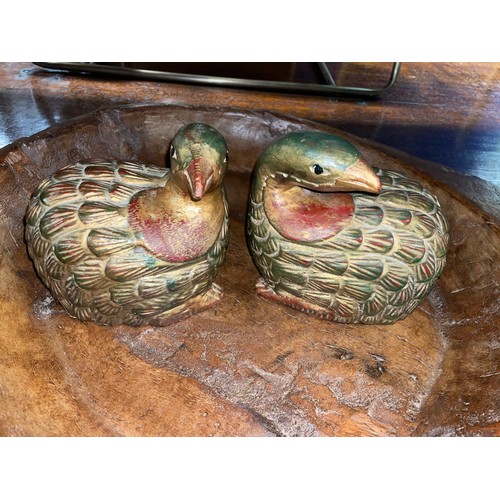 212 - RUSTIC DUGOUT SHALLOW BOWL AND A PAIR OF GILT BRUSHED CARVED WOODEN  BIRDS