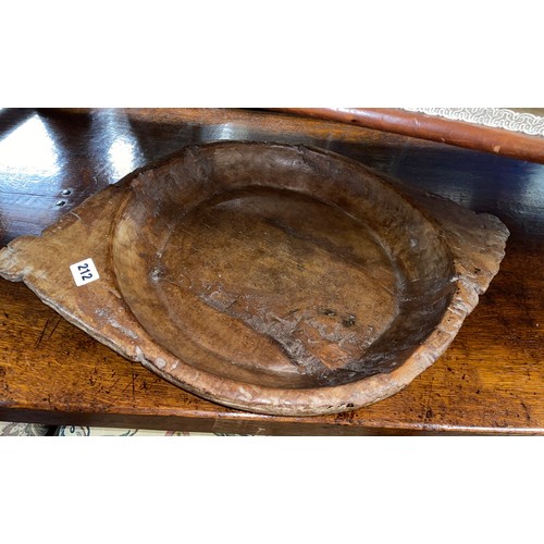 212 - RUSTIC DUGOUT SHALLOW BOWL AND A PAIR OF GILT BRUSHED CARVED WOODEN  BIRDS