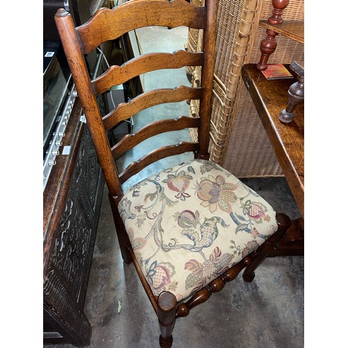 210 - 17TH CENTURY STYLE OAK PLANK TOP REFECTORY TABLE WITH SIX LANCASHIRE STYLE LADDERBACK CHAIRS 92cm D ... 