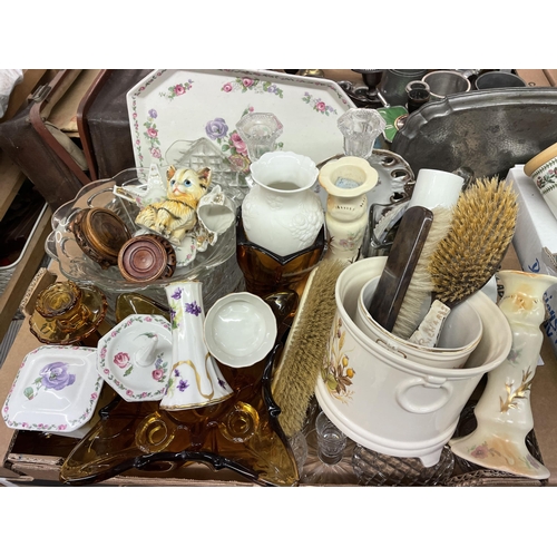 301 - CARTON - CUT GLASS CANDLE STICKS, DWARF CANDLE STICKS, AMBER GLASSWARE, AND DRESSING TABLE ITEMS