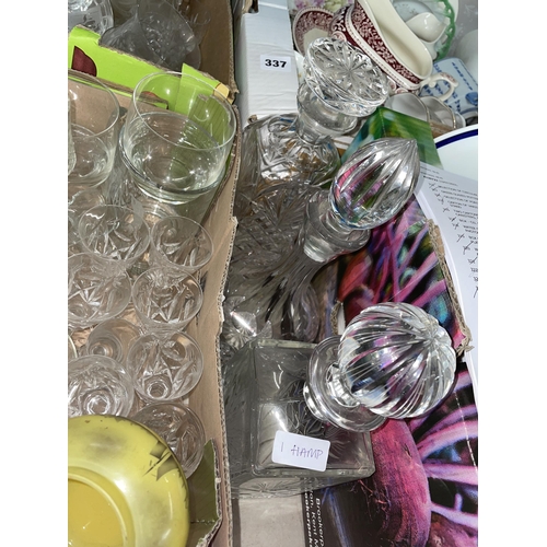 324 - THREE CUT GLASS DECANTERS, CUT GLASSWARES, BOWLS, ETC