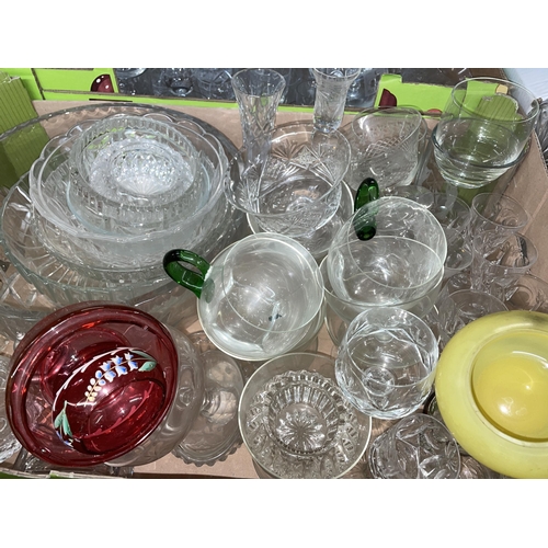 324 - THREE CUT GLASS DECANTERS, CUT GLASSWARES, BOWLS, ETC