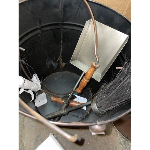 162 - THREE ANTIQUE COPPER LOG BUCKETS AND A PEWTER HOUSE KINDLING HOLDER AND FIRE TOOLS