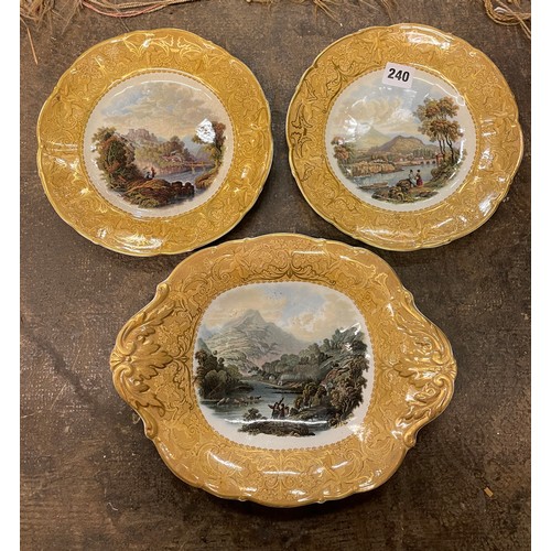 240 - 19TH CENTURY PRATTWARE LANDSCAPE TAZZA AND PAIR OF PLATES