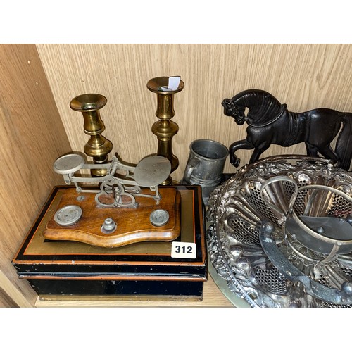 312 - CAST IRON HORSE DOORSTOP, POSTAL SCALES, BRASS CANDLESTICKS AND A BOX OF CUTLERY