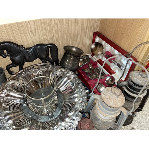 312 - CAST IRON HORSE DOORSTOP, POSTAL SCALES, BRASS CANDLESTICKS AND A BOX OF CUTLERY