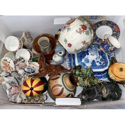 322 - BOX CONTAINING AN OVOID BISCUIT BARREL, BLUE AND WHITE VEGETABLE TUREEN AND COVER, BONE CHINA TRINKE... 