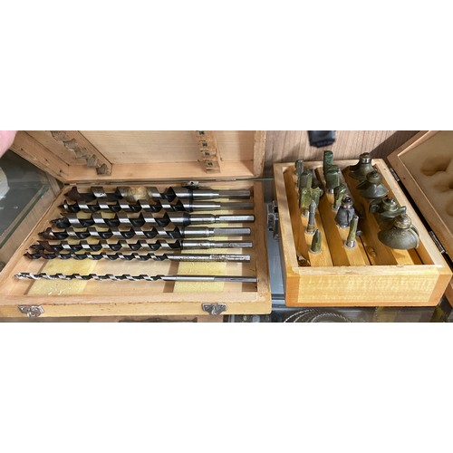 367 - THREE WOODEN CASES OF DRILL BITS AND AUGER BITS