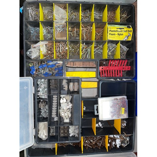 386 - TWO STANLEY UPVC 25 COMPARTMENT IRONMONGERY ORGANISERS AND CONTENTS