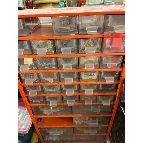 389 - TWO MULTI COMPARTMENT CABINETS OF IRONMONGERY , SCREWS, NUTS, BOLTS, ETC