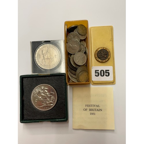 505 - SMALL OBLONG BOX OF PRE-DECIMAL GB 3D COINS AND SIXPENCES, COMMEMORATIVE CROWN AND A 1951 FESTIVAL O... 