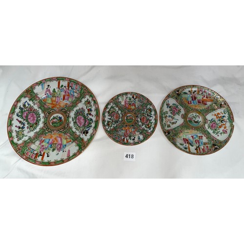 418 - THREE CANTONESE FAMILLE ROSE DECORATED PLATES, SOME A/F