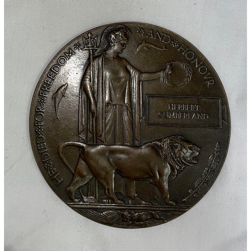 415 - WWI BRONZE MEMORIAL PLAQUE TO HERBERT CUMBERLAND