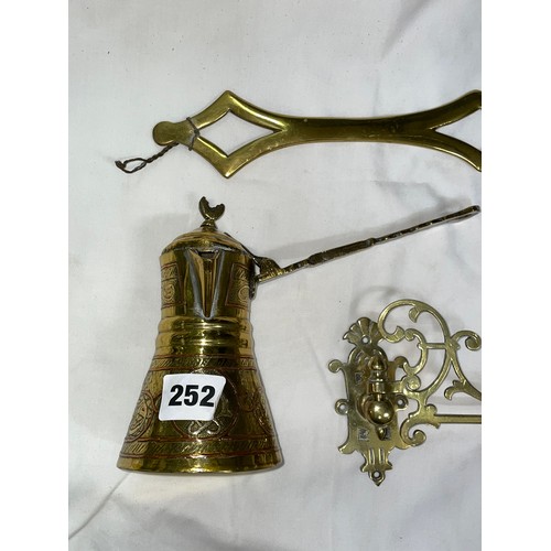 252 - BRASS HORSE CHESTNUT ROASTER, PAIR OF CANDLE SCONCES, PERSIAN MINIATURE COFFEE POT