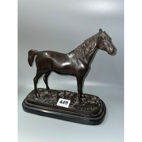 449 - BRONZE ANIMALIER OF A HORSE ON OVAL PLINTH SIGNED PJ MENE