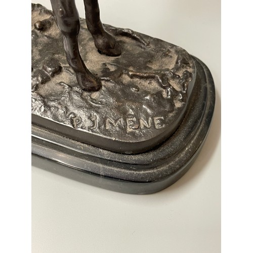 449 - BRONZE ANIMALIER OF A HORSE ON OVAL PLINTH SIGNED PJ MENE