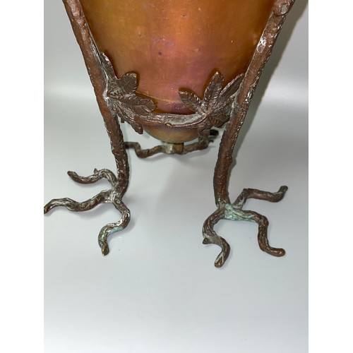 441 - IRIDESCENT AMPHORA STYLE GLASS VASE IN VERDI GRIS METALWORK FOLIATE STAND