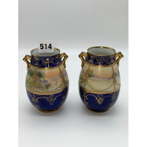 514 - PAIR OF NORITAKE ROYAL BLUE AND GILT  TWIN HANDLED BALUSTER MINIATURE VASES