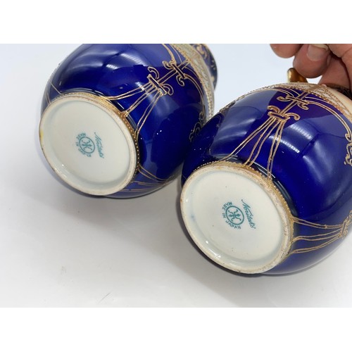 514 - PAIR OF NORITAKE ROYAL BLUE AND GILT  TWIN HANDLED BALUSTER MINIATURE VASES