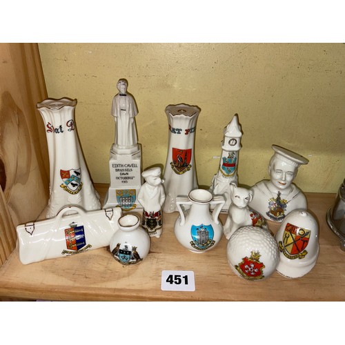 451 - SELECTION OF INTERESTING CRESTED WARE INCLUDING HAT PIN HOLDERS, MONUMENTS